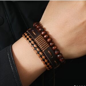 Brown Leather and Bead Bracelet Set f21